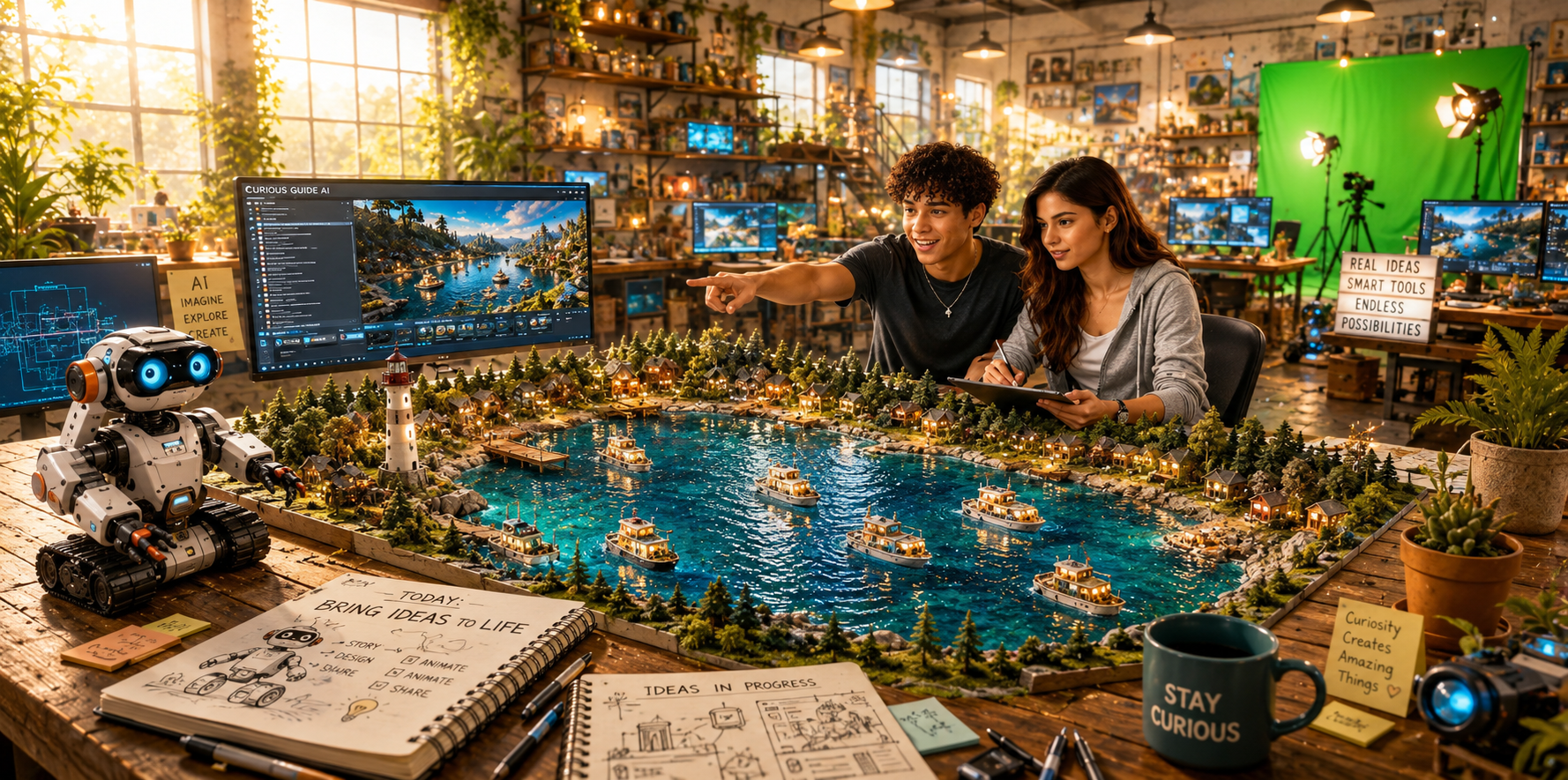 A warm creative studio lab with miniature worlds and storytelling tools