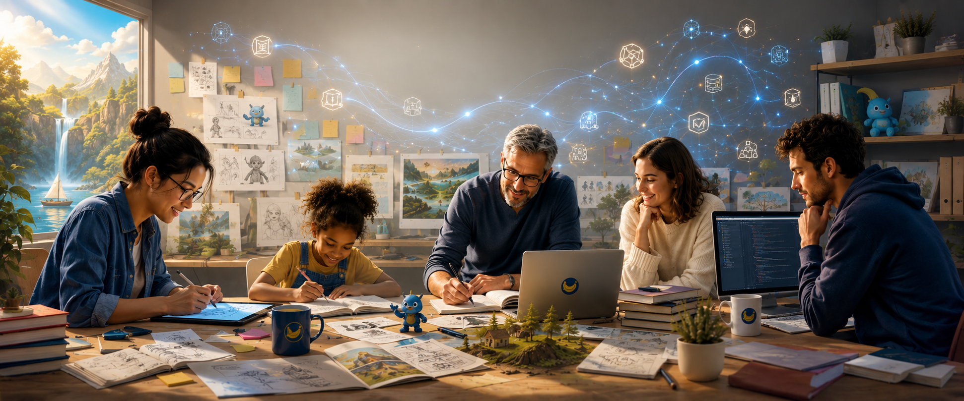 Kai and Maya working together in a creative studio where human guidance shapes AI-assisted storytelling