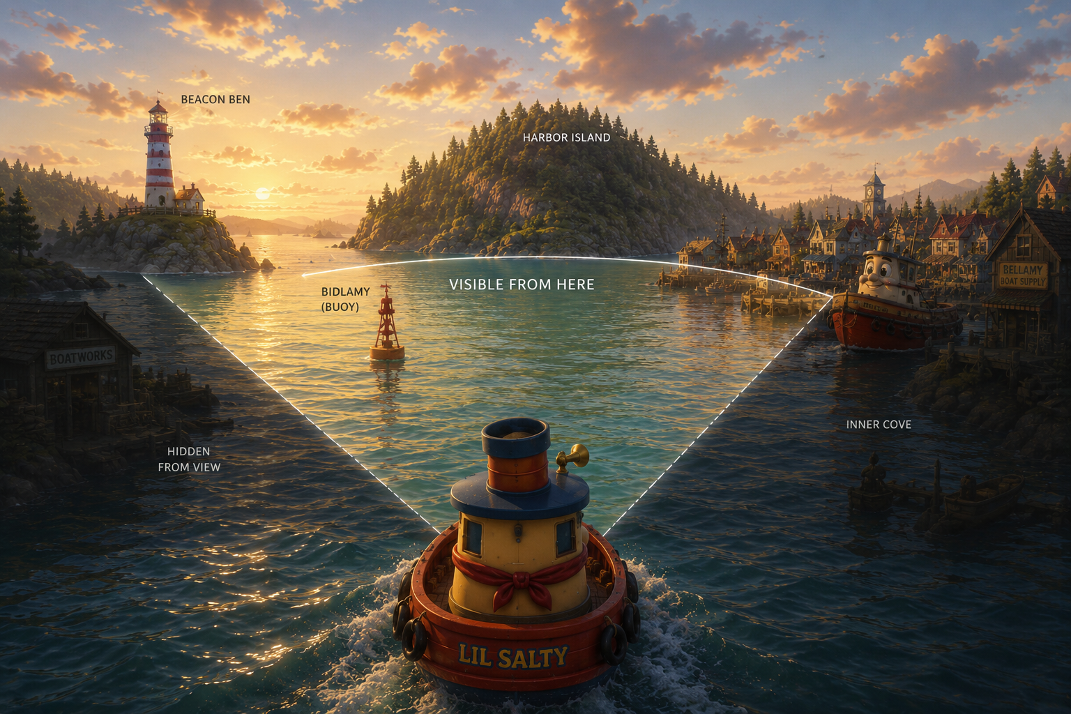 Lil Salty approaching Tuckaway Harbor with Bellamy, Harbor Island, and Beacon Ben visible from his current perspective.
