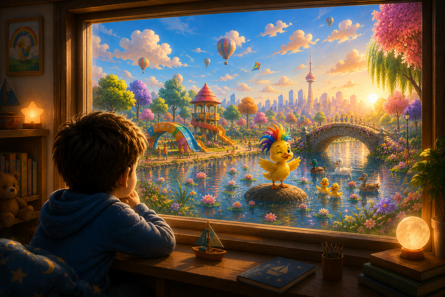 A child looking through a large picture window into a familiar story world, representing how worlds remain meaningful through memory.